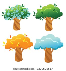Conjunto de árboles de diferentes temporadas. Árboles de invierno, primavera, verano y otoño con dibujos animados aislados de fondo blanco.