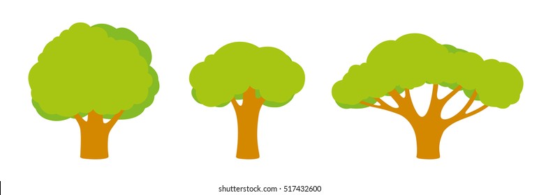 Set of trees of different shapes and sizes with a bright green foliage, branches, leaves. Objects, icons in flat style Components for landscape pictures, game locations and nature, vector