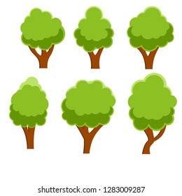 Set of trees of different shapes. Summer green plants with leaves. Element of the Park, forest, nature. Cartoon flat illustration