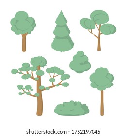 Set of trees of different species. Bushes. Green. Collection of isolated nature objects. Vector illustration.