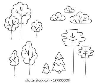 Set of trees in doodle style. Hand drawn outline drawings. Simple cute decorative trees and shrubs for park and garden. Elements for design. Cartoon tree icon. Black contours Isolated on white. Vector