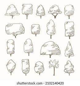 Conjunto de árboles dibujados en estilo de arte lineal. Vector de formas simples árboles con líneas  