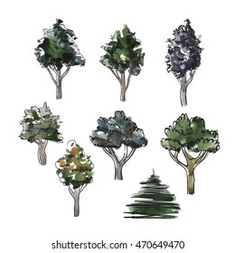 Set of the trees drawn with a water color. Water color surroundings on a white background.Vector illustration. Isolated.