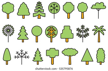 set of TREES filled line icons