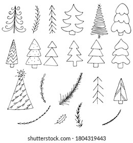 set of trees and fir branches, simple childrens drawings, cute winter doodles, coloring book, vector set of elements in doodle style