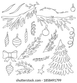 set of trees and fir branches, simple childrens drawings, cute winter doodles, coloring book, vector set of elements in doodle style