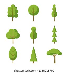 Set of trees - fir-tree, pine, oak. Flat style icons. Vector illustration