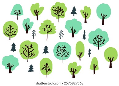 Set of trees. Flat cartoon forest. Hand drawn simple childish colored woodland. Collection of grove clipart for creating background in children's books, landscapes, baby products. Vector illustration.