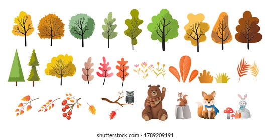 Set of trees, flowers, and animals, paper art style, flat-style vector illustration.