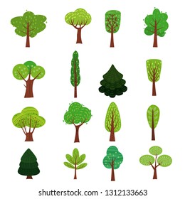 Set of trees forest green color stylized cute style, various shapes. Vector, illustration, isolated, icons.