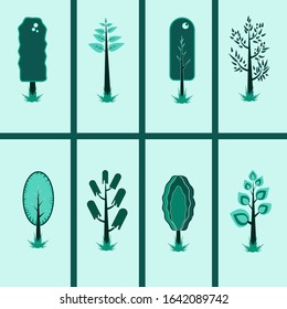 set of trees in a forest. vector contain : wood, trees and grass.