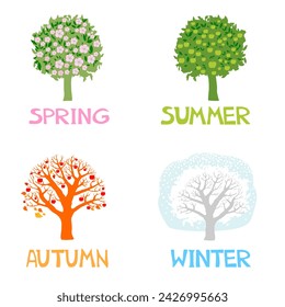 A set of trees in four seasons.  Four seasons - spring, summer, autumn, winter. Apple and the season isolated on white. Art tree beautiful for your design. Vector illustration