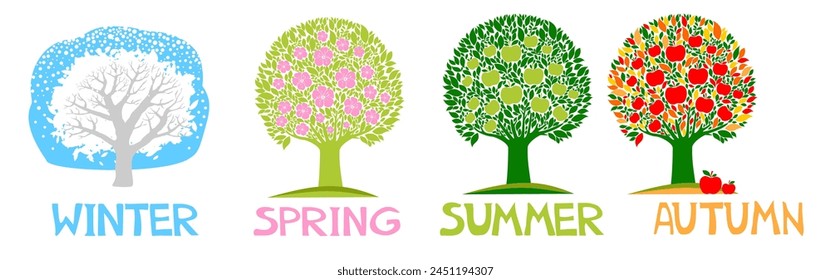 A set of trees in four seasons.  Four seasons - spring, summer, autumn, winter. Apple and the season isolated on white. Art tree beautiful for your design. Seasons of tree. Four seasons trees. Vector