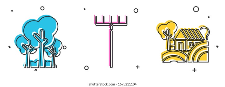 Set Trees, Garden rake and Farm House concept icon. Vector