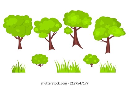 Set of trees, grass and bushes. Flat style vector illustration.