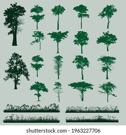 set of trees and grass silhouette, retro images nature, vector illustration