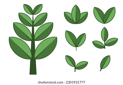 Set of trees and green leaves. Elements for eco and bio logos. Various shapes of green leaves.