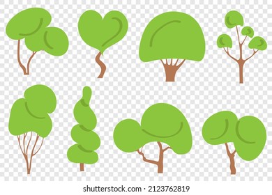 Set of trees with green leaves, flat vector cartoon illustration. Template for creating landscape summer design solutions, children's drawings.