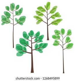 set of trees with green leaves, trees in summer, flat style, vector illustration