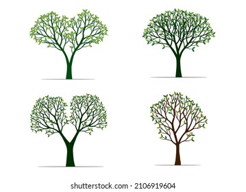Set Trees with green Leaves. Vector outline Illustration. Plant 