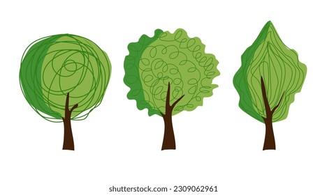 Establezca árboles en verano verde abstracto de diferentes formas y especies. Ilustración vectorial para libro de ecología o revista. Diseño para publicidad o etiquetas.