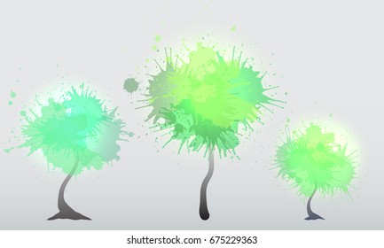 Set of trees with green watercolor sprays. Vector element for your design