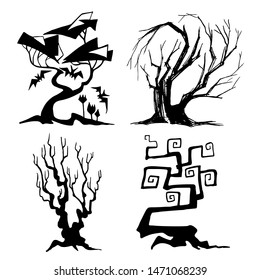 Set of trees for halloween. Collection of halloween silhouettes. Elements for halloween decorations. Vector icons, sticker.