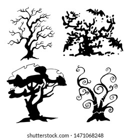 Set of trees for halloween. Collection of halloween silhouettes. Elements for halloween decorations. Vector icons, sticker.
