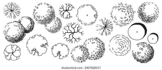  conjunto de árboles, dibujo a mano, vista superior. dibujo de tinta arquitectónica, vector.