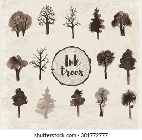 Set of trees hand drawn with ink in Japanese sumi-e style. Vector illustration.