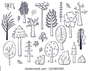 Set of trees. Hand drawn sketched. Vector Illustration.