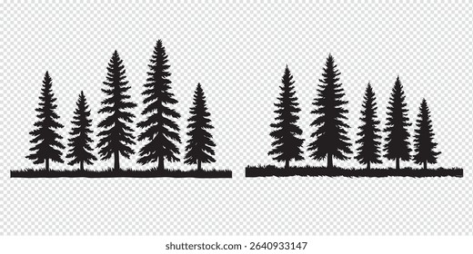 Set Trees. Hand Drawn Vector Illustration – Stylized Pine Tree Silhouettes, Minimalist Forest Design with Conical Shapes, Black on White, Simple Symmetrical Nature Graphic

