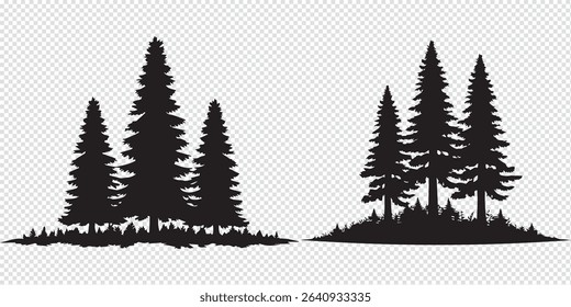Set Trees. Hand Drawn Vector Illustration – Stylized Pine Tree Silhouettes, Minimalist Forest Design with Conical Shapes, Black on White, Simple Symmetrical Nature Graphic

