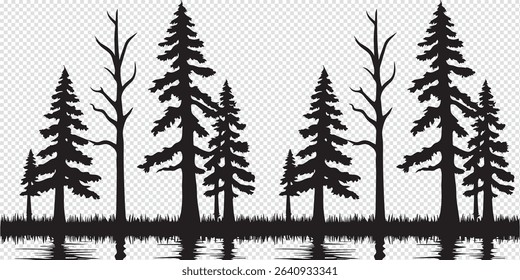 Set Trees. Hand Drawn Vector Illustration – Stylized Pine Tree Silhouettes, Minimalist Forest Design with Conical Shapes, Black on White, Simple Symmetrical Nature Graphic

