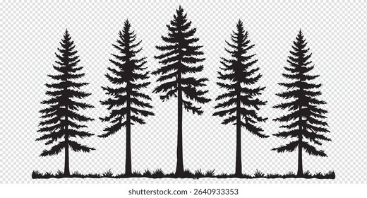 Set Trees. Hand Drawn Vector Illustration – Stylized Pine Tree Silhouettes, Minimalist Forest Design with Conical Shapes, Black on White, Simple Symmetrical Nature Graphic

