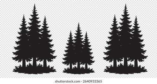 Set Trees. Hand Drawn Vector Illustration – Stylized Pine Tree Silhouettes, Minimalist Forest Design with Conical Shapes, Black on White, Simple Symmetrical Nature Graphic

