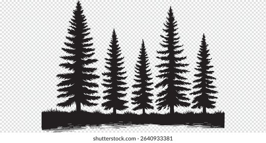 Set Trees. Hand Drawn Vector Illustration – Stylized Pine Tree Silhouettes, Minimalist Forest Design with Conical Shapes, Black on White, Simple Symmetrical Nature Graphic

