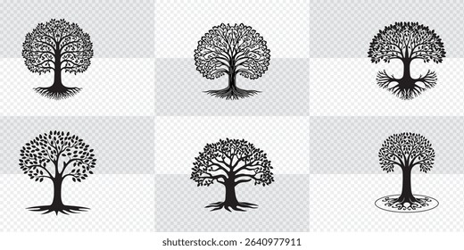 Set Trees. Hand Drawn Vector Illustration – Six Black Tree Silhouettes in Grid Layout, Minimalist Elegant Tree Shapes with Varied Branches, Clean Line Art on Gray Background
