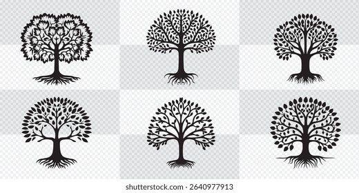 Set Trees. Hand Drawn Vector Illustration – Six Black Tree Silhouettes in Grid Layout, Minimalist Elegant Tree Shapes with Varied Branches, Clean Line Art on Gray Background