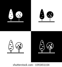 Set Trees icon isolated on black and white background. Forest symbol.  Vector Illustration