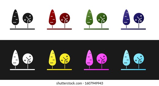 Set Trees icon isolated on black and white background. Forest symbol.  Vector Illustration