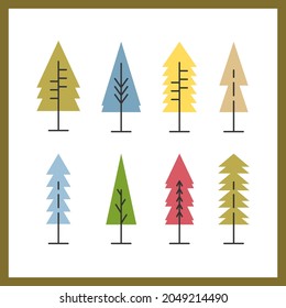 Juego de árboles con forma geométrica. Caricatura sobre la colección de árboles forestales. Diseño plano. concepto de Navidad. Formas abstractas de los árboles de polígono. El estilo minimalista es sencillo. Retro. Ilustración vectorial.