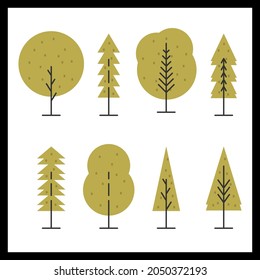 Set of trees icons with geometric shapes. Collection of green forest tree nature cartoon. Flat design. Geometric abstract shapes of forest trees. Minimalist simple. Retro style. Vector illustration.