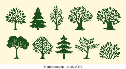 Set of trees icons. Stickers with Green plants silhouettes. Oak, pine, spruce and aspen. Bushes with foliage and leaves. Ecology and flora. Cartoon flat vector collection isolated on beige background