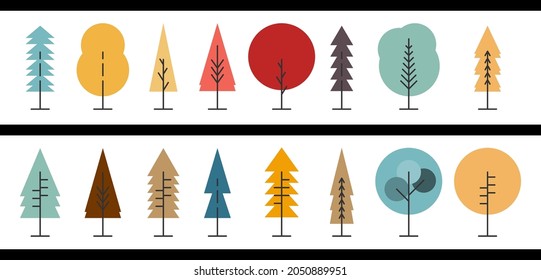 Set of trees icons various style geometric shape. Collection of forest tree nature cartoon. Flat design. Christmas concept. Geometric abstract shapes of forest trees. Minimalist. Vector illustration.