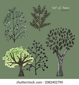 Set of trees. Trees in ink. Silhouettes of trees and bushes. Trees with leaves. Leaves on the tree and bush. Illustration vector