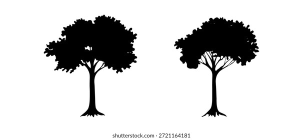 Conjunto de árvores. Ícones isolados em preto e branco no plano de fundo branco. Árvore de mola para o seu projeto. Sinal de símbolo vetorial. Plantas, projeto de paisagem. Conceito de ideia ecológica.