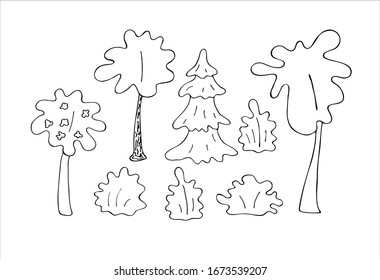 Set of trees. Isolated on a white background. Stock vector illustration. Black and white graphics. Minimalism. Hand drawn. Coloring book. Doodle oof different tree set hand draw illustration. 