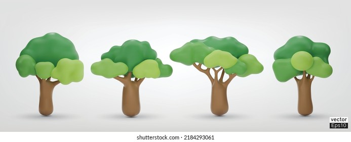 Set of Trees isolated on a white background. 3D tree for landscape design, Garden, and park green tree. Icons for city maps, and games. Green forest plants collection. 3d render vector illustration.