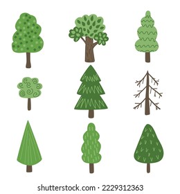 Conjunto de árboles aislados en un fondo blanco. Ilustración del vector